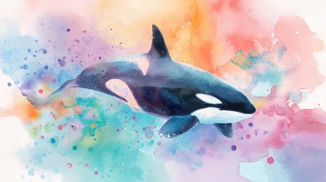 Orca swimming in abstract colorful watercolor background. Artistic illustration of killer whale. Sea animal painting for creative design, marine life concept and nature background art.