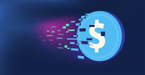 Obraz premium digital currency dollar coin digitalizing into digital coin illustration blue background.