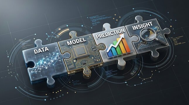 Digital data analysis and prediction concept with puzzle pieces representing data, model, prediction, and insight for business and technology