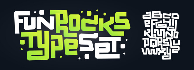 Fototapeta na wymiar Fun Playful Font Geometric Logo Alphabet Cool Cartoon Letter Set Modern Typography, Creative Typographic Design for Comics Title Text, Typo Poster Headline. Music Fest Style Fonts. Vector Typeface