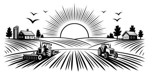 Black and white illustration of tractors working on a farm field with sunrise and rural buildings Vector © AZIFA