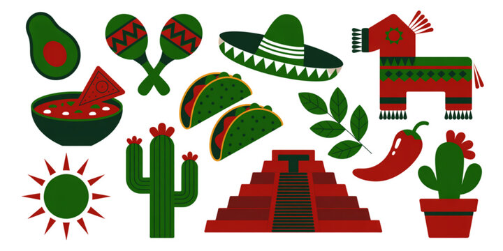 Set of various mexican culture elements including food symbols icons and traditional landmarks Vector