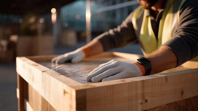 Export packing specialist crating fragile items with custom foam inserts, international shipping symbols being stenciled on wooden box, moisture barrier protection for ocean transport, ideal for spe