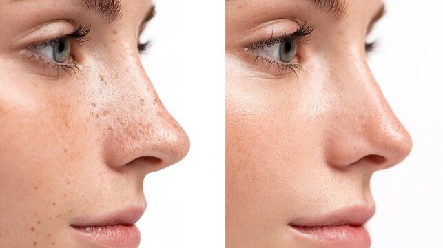 Dermatology Skin Care Study: Close-Up Nose with Acne and Comedones Before and After Treatment
