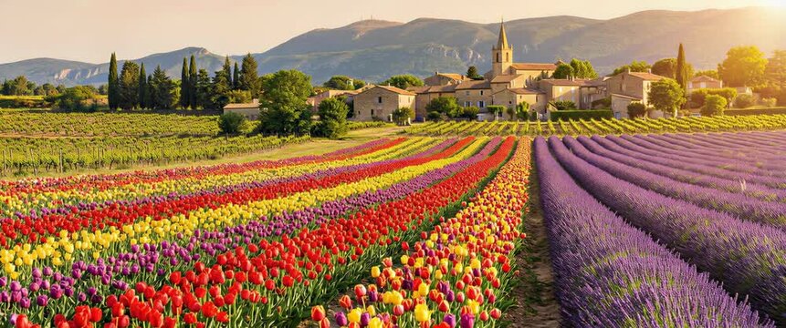 Sustainable Tourism Concept Aerial View of lavender and Tulip Fields in at Sunset Rural Landscape for travel.