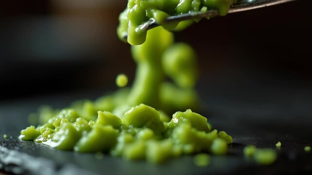 Macro shot of fresh wasabi being grated on sharkskin grater with droplets, bokeh dark elegant sushi bar background