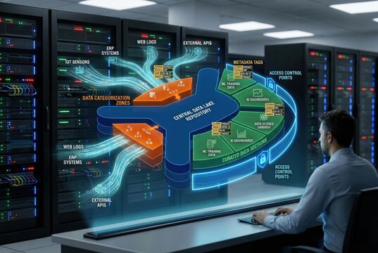 Enterprise Data Lake Architecture Blueprint - 3D Holographic Data Repository Design with Multi-Source Integration and Metadata Management Platform