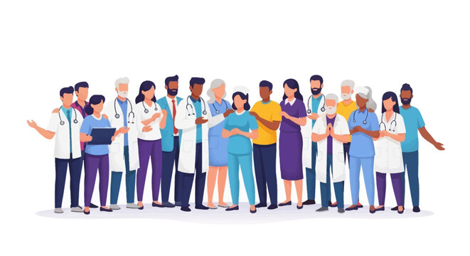 Illustration of diverse people including doctors and a family on World Health Day with a design icon background conveying health business and art.