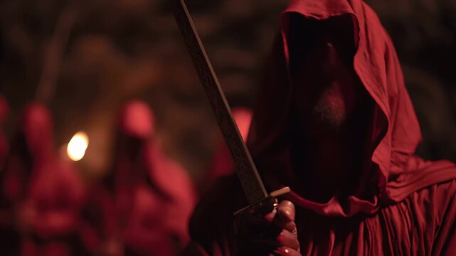  hooded cultist in red robe clutching a dagger