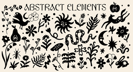 Naklejka premium Abstract boho shapes design elements set with vector illustration of different types of magical animals, exotic flowers, funky plants, whimsical silhouettes, decorative stickers in boho aesthetic