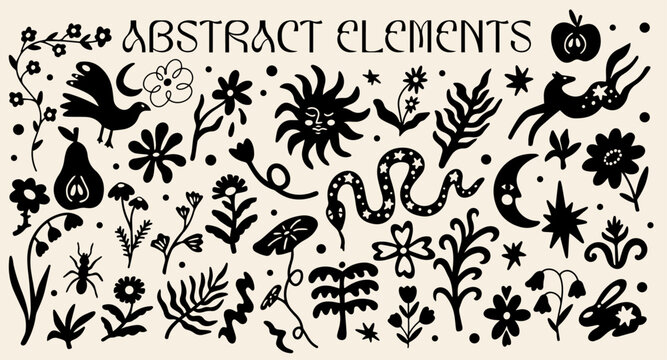 Abstract boho shapes design elements set with vector illustration of different types of magical animals, exotic flowers, funky plants, whimsical silhouettes, decorative stickers in boho aesthetic