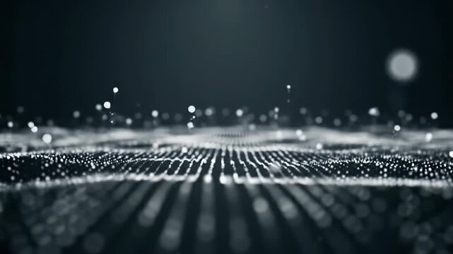 abstract, ethereal white particles resembling digital data gently float and drift with subtle lateral motion on a deep, desaturated dark background, softly illuminated from above, with soft bokeh and
