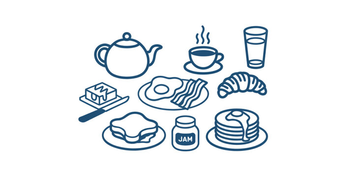A collection of various breakfast food items including tea, coffee, pancakes, eggs, and pastry Vector