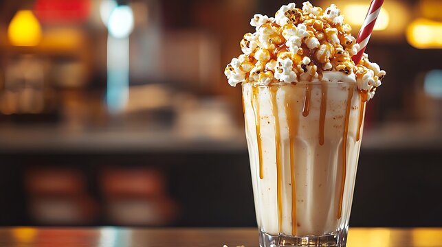 Caramel popcorn smoothie in a retro milkshake glass with caramel drizzle and popcorn topping