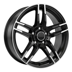 Obraz premium Black car wheel with five spokes and silver accents isolated on transparent background