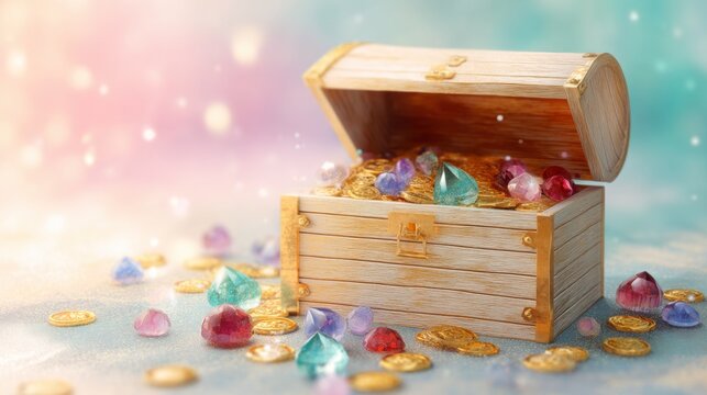 Open wooden treasure chest filled with gold coins and colorful gemstones. Pirate loot overflowing with wealth and riches. Fantasy game asset and adventure concept for mystery and fortune.