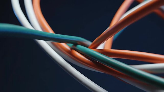 Abstract close-up of colorful, interwoven network cables against a dark background