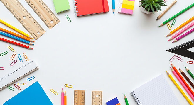 Overhead shot of colorful school and office supplies arranged around a white blank space backdrop