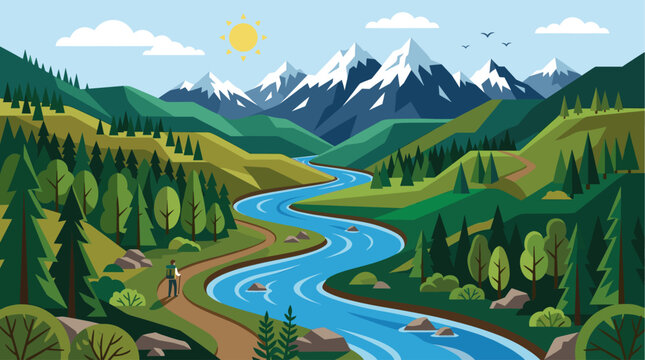 A lone hiker with a backpack and walking stick traverses a dirt path alongside a winding blue river, with lush green hills and snow-capped mountains in the background under a sunny sky.