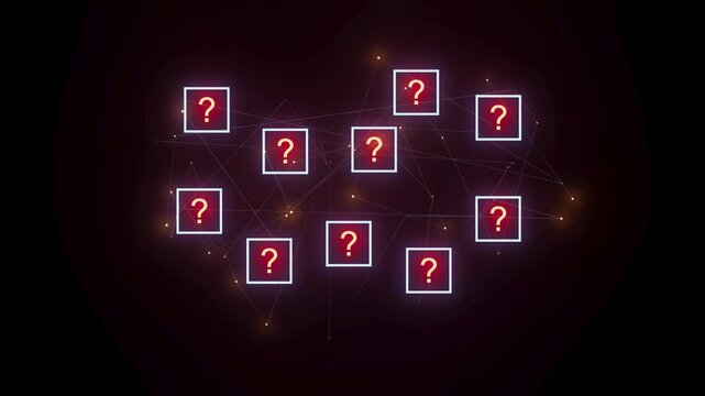 Exploring a digital network with question marks representing unknown elements in technology and data.