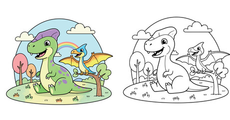  Adorable Cartoon Dinosaur and Pterodactyl Friends in a Prehistoric Landscape with Rainbow © MstSangita
