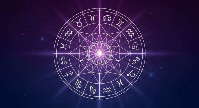 Astrology wheel with zodiac symbols and starburst on purple background