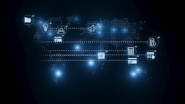 Digital connections shown on a world map with icons representing technology, information, and communication systems in modern networks.