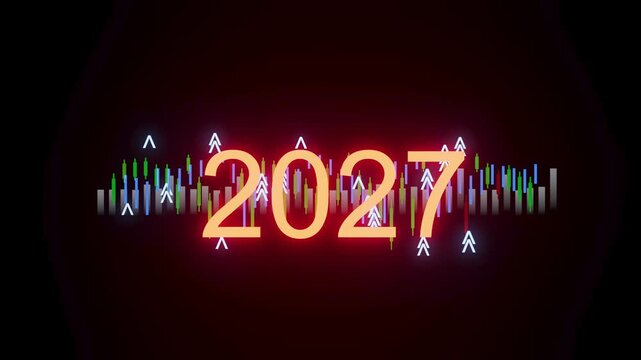 New year celebration for 2027 in a digital art style with vibrant colors and sound wave pattern.