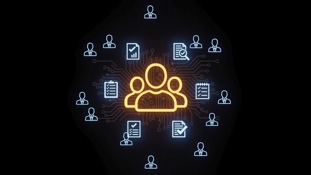 Design showing teamwork and collaboration in technology with various icons representing tasks and data connections.