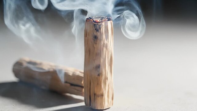 Palo Santo Wood Burning With Smoke and Flame on a Gray Surface