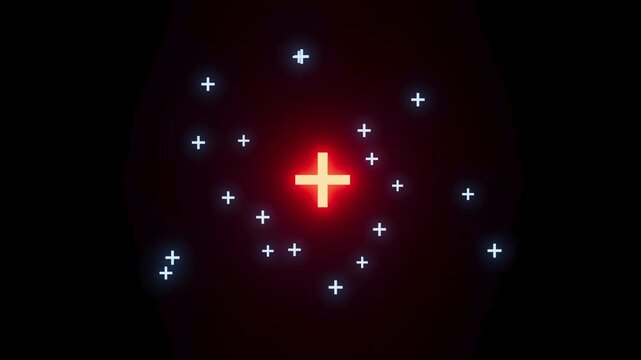 Red cross symbol with glowing blue plus signs in a dark background during a digital art display.