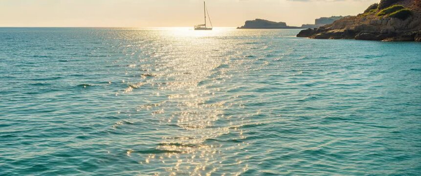 Coastal Getaway And Summer Vacation Concept Calm Ocean With Distant Sailboat At Sunset B-Roll For Travel And Tourism.