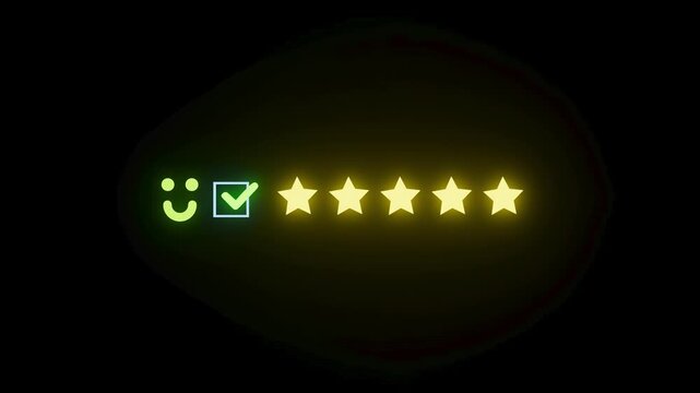 Feedback system shows smiley face with checkmark and five glowing stars representing top rating for service or product.