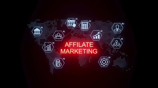 Concept of affiliate marketing with global map and digital icons related to business and technology.