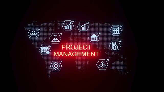 Project management tools on a digital map highlighting global connections and technology use in business.