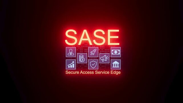 Secure access service edge graphic on dark background with icons showing various security elements and services.