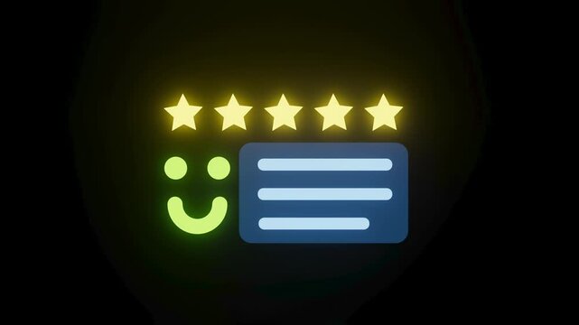 Review system showing positive feedback with five stars and a smiley face on a dark background.