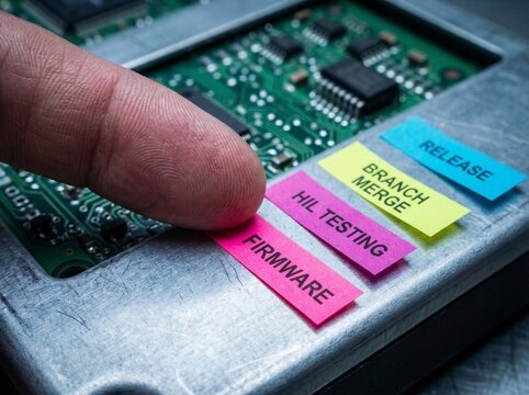 Finger pointing at sticky notes on electronic circuit board with firmware, branch merge, and release testing labels