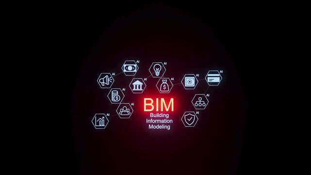 BIM tools show building information modeling concepts in a visual display on a dark background with icons representing various functions.