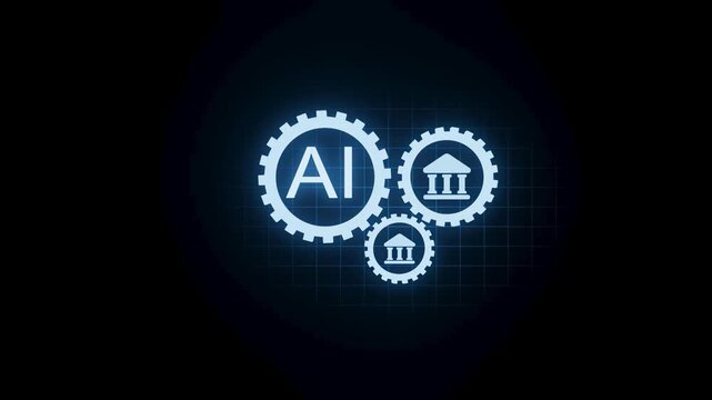 Gears and icons represent artificial intelligence and banking in a digital design on a dark background.