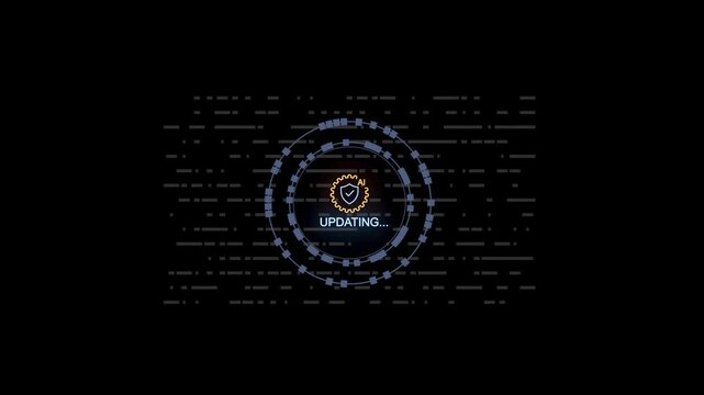 System is updating with progress displayed on screen in front of digital graphic elements.