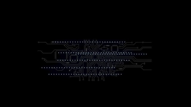 Circuit design shows complex connections and patterns on a black background highlighting technology and engineering processes in electronics.