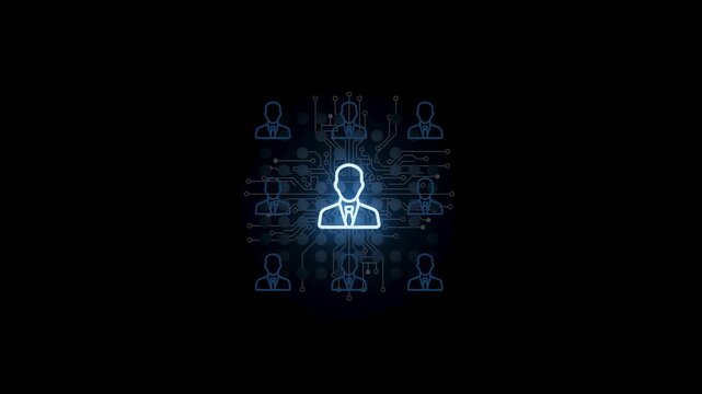 Digital network connection shows person in front of multiple user icons during a tech-focused event or presentation in a virtual space.