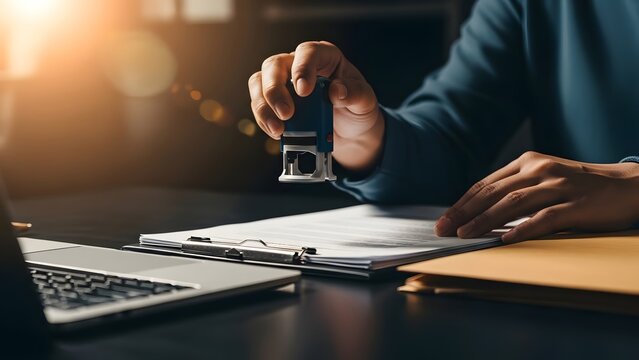 Hand holds a rubber stamp above important documents on a clipboard, symbolizing official approval or legal certification process.