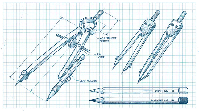 Technical blueprint of engineering drafting compass with lead holder and pencils on blue grid paper background.