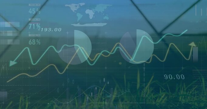 Analytics HUD appearing over grass and fence, animating trends, bars and updating data for analysis