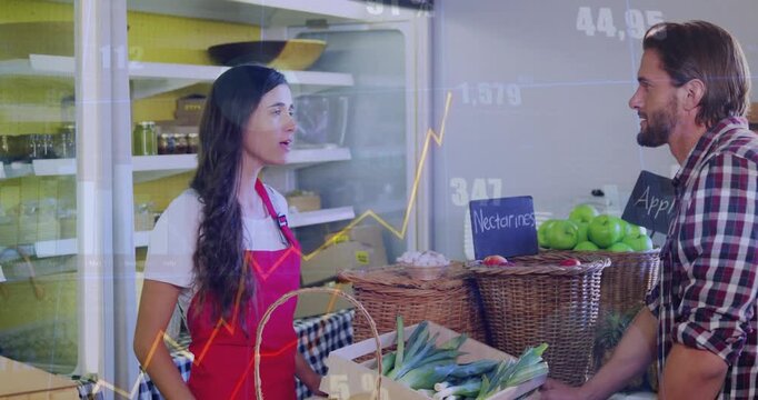 Buyer coming, speaking, checking leeks as market vendor picking, handing to buy, data overlaying