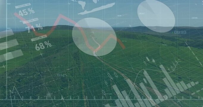 HUD appearing, aerial camera moving along dirt track, graphics animating to show crop trends