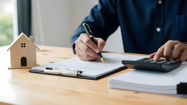 Person calculates financial figures on a calculator, reviewing documents with a pen, and a small wooden house model nearby.
