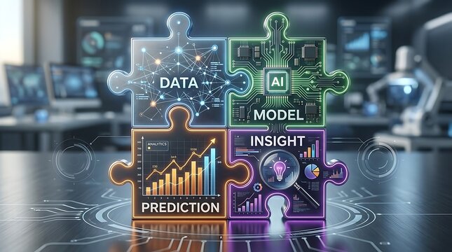 Digital puzzle pieces representing data analysis artificial intelligence modeling insight and prediction in a high-tech research laboratory environment